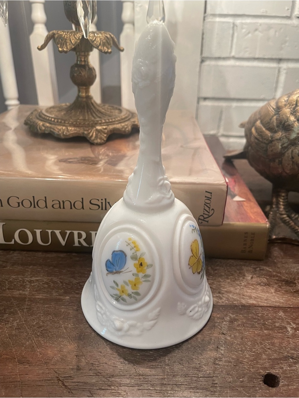 Fenton Milk Glass Bell Butterflies Hand Painted by Susan Lee 6 3/4"